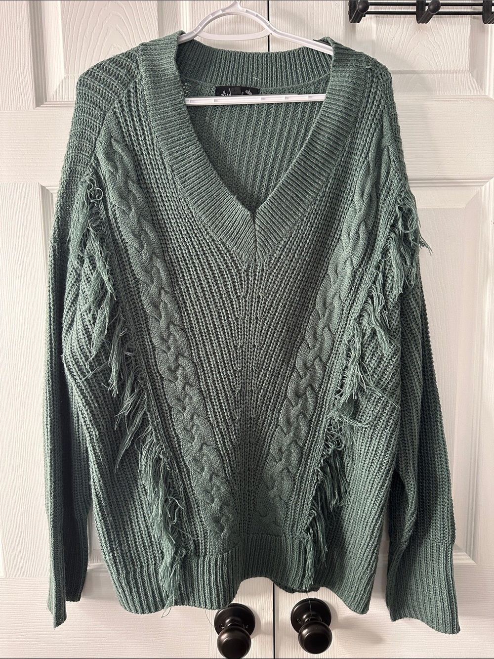 Fringe Cable Knit V-Neck Sweater in Sage Green